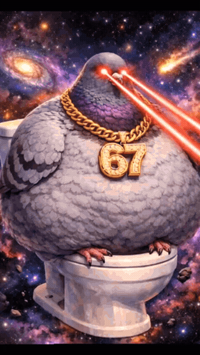 Pigeon Wearing Necklace With Number 67 Sitting On Toilet GIF