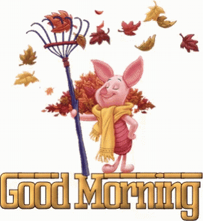 Piglet Holding Rake With Falling Leaves GIF