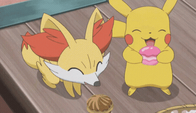 Pikachu And Fox Standing On Wooden Table GIF