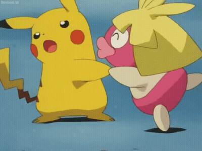 Pikachu And Pink White Cartoon Character Standing Together GIF