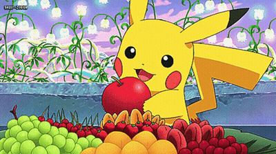 Pikachu Eating Apple In Front Of Fruit Pile GIF