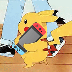 Pikachu Is Holding A Nintendo Switch Next To A Person 'S Legs . GIF