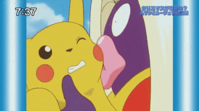 Pikachu Kissing Another Cartoon Character On The Nose GIF