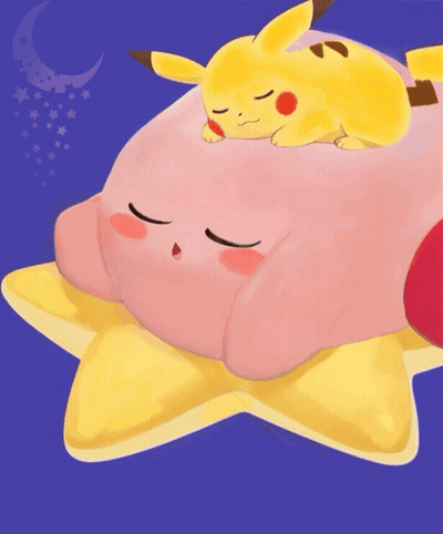 Pikachu Sleeping On Kirby's Head GIF