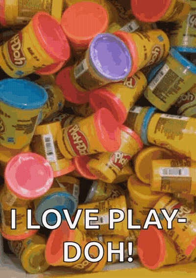 Pile Of Play Doh Cups Saying I Love Play Doh GIF