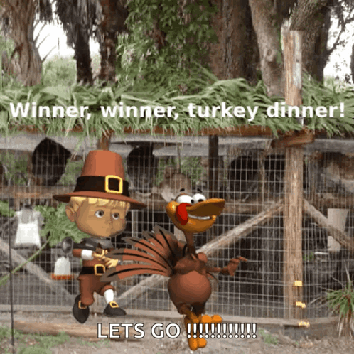 Pilgrim And Turkey Saying Winner Winner Turkey Dinner GIF