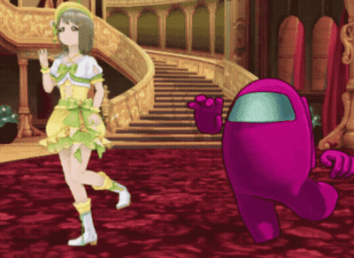 Pink Among Us Character Next To Girl In Yellow Dress GIF