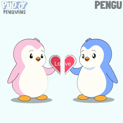 Pink And Blue Penguin Holding Heart With Love GIF