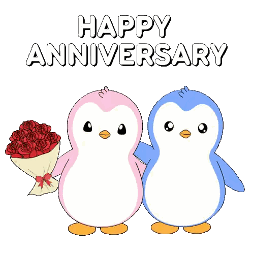 Pink And Blue Penguin Holding Roses Sticker