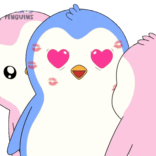 Pink And Blue Penguin With Heart Eyes Sticker