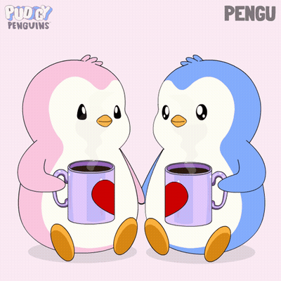 Pink And Blue Penguins Holding Cups GIF