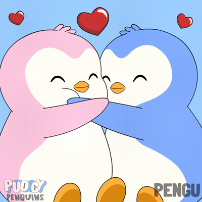 Pink And Blue Penguins Hugging With Hearts Puddy Penguins GIF