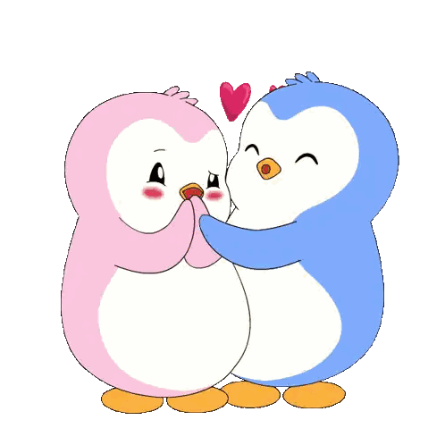 Pink And Blue Penguins Kissing With Hearts Sticker