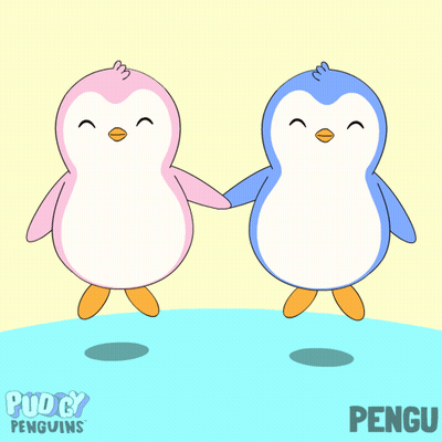 Pink And Blue Penguins With Hearts Around Necks Sitting Together GIF
