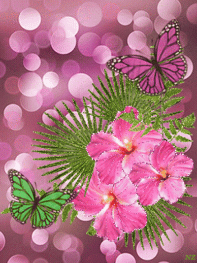 Pink And Green Butterflies Are Flying Around Pink Flowers On A Pink Background GIF
