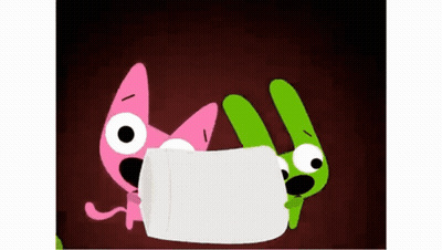 Pink And Green Cartoon Characters Holding White Object GIF