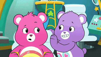 Pink And Purple Care Bears Talking GIF
