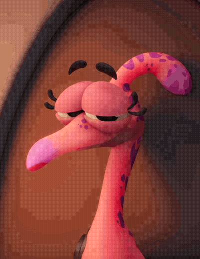Pink And Purple Cartoon Character With Long Neck And Black Eyelashes GIF