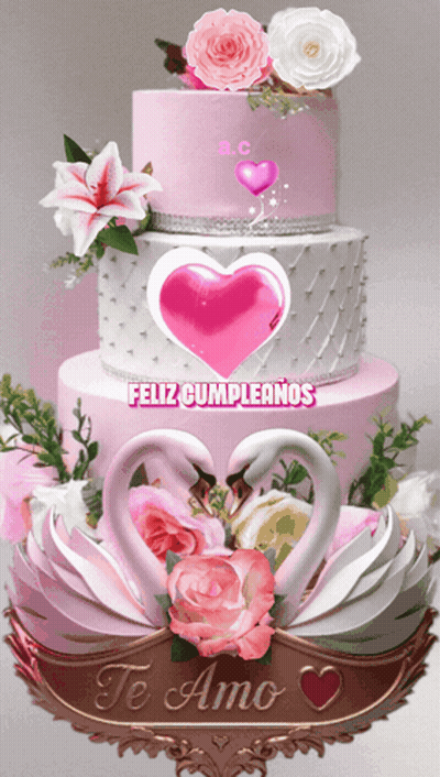 Pink And White Cake With Two Swans Saying Te Amo GIF