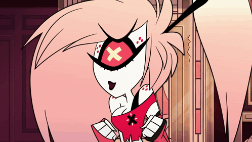 Pink And White Cartoon Character With Cross On Face GIF