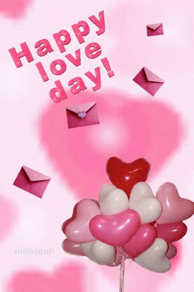 Pink And White Heart Balloons Saying Happy Love Day GIF