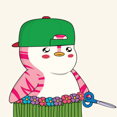 Pink And White Penguin In Green Hat Holding Scissors GIF