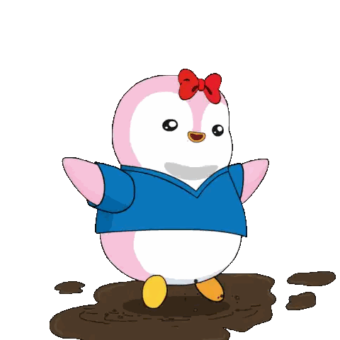 Pink And White Penguin With Blue Shirt And Red Bow Jumping Into Mud Sticker