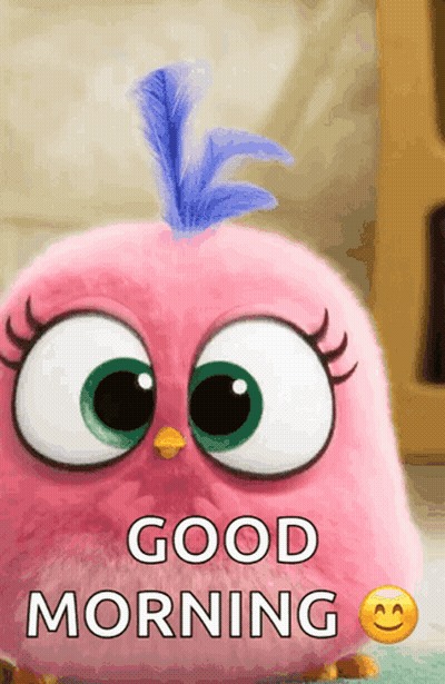 Pink Angry Bird With Blue Feather Saying Good Morning GIF