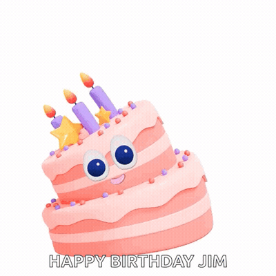 Pink Birthday Cake With Candles And Confetti Saying Happy Birthday Jim GIF