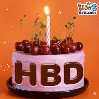 Pink Birthday Cake With Cherries And Lit Candle GIF