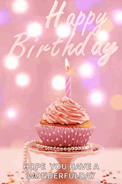 Pink Birthday Card With Cupcake And Candle GIF