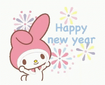 Pink Bunny Standing In Front Of Happy New Year Sign GIF