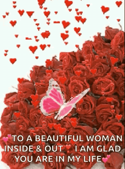 Pink Butterfly Flying Over Bouquet Of Red Roses GIF
