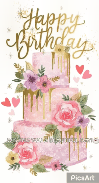 Pink Cake Birthday Card Saying Happy Birthday GIF