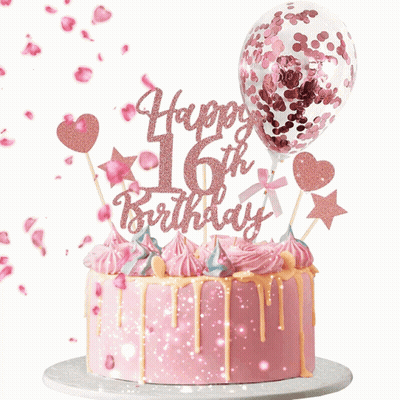 Pink Cake With Happy 16Th Birthday Topper GIF