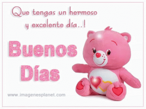 Pink Care Bear Saying Buenos Dias On Card GIF
