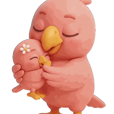 Pink Cartoon Bird Holding Baby Bird With Flower Sticker
