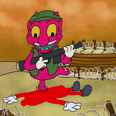 Pink Cartoon Character Holding Gun Next To Red Cartoon Character GIF