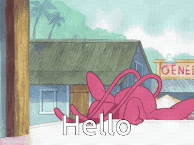 Pink Cartoon Character Laying Down Saying Hello GIF
