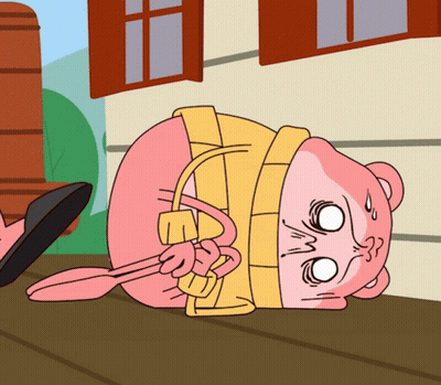 Pink Cartoon Character Laying On Back With Yellow Vest GIF