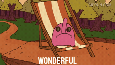 Pink Cartoon Character Sitting In Lawn Chair Saying Wonderful GIF