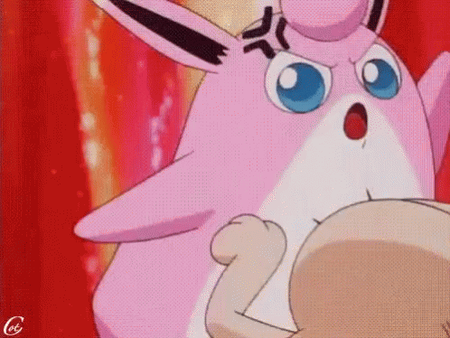 Pink Cartoon Character With Blue Eyes Next To Person GIF