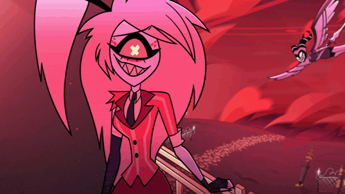 Pink Cartoon Character With Red Eyes And X On Face GIF