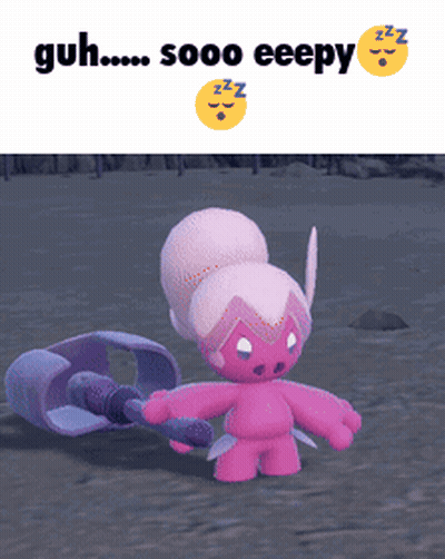 Pink Cartoon Holding Purple Object Saying Guh Sooo Eeepy GIF
