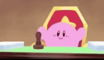 Pink Cartoon Sitting At Table With Stamp GIF