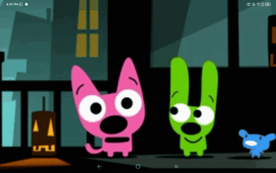 Pink Cat And Green Rabbit Standing In Front Of Building GIF