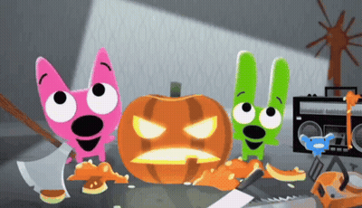 Pink Cat and Two Green Rabbits Decorating Pumpkins