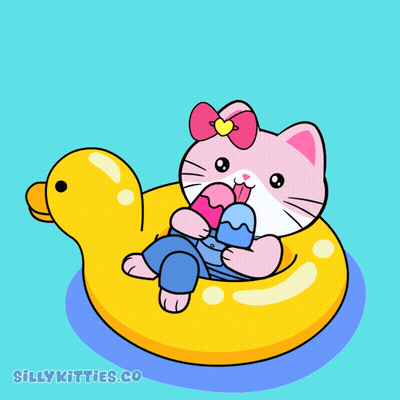 Pink Cat Floating On Yellow Duck Float Saying Chillin GIF
