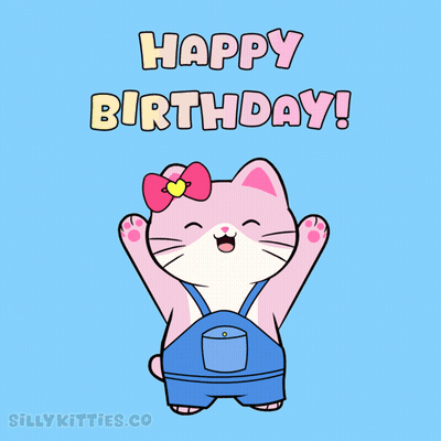 Pink Cat In Blue Overalls With Bow Says Happy Birthday GIF