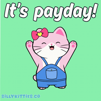 Pink Cat In Overalls Saying It's Payday GIF